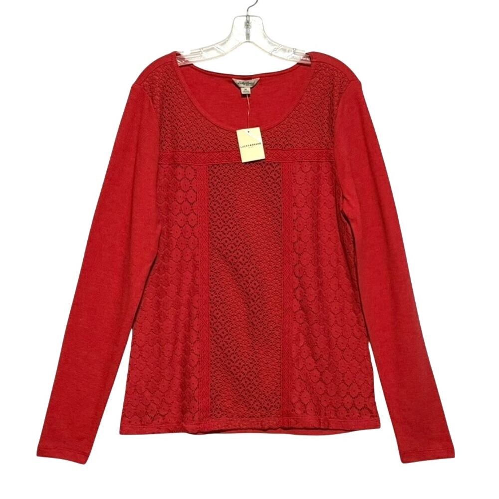 Lucky Brand Long Sleeve Lace Front Overlay Thermal Top Berry Red Womens XL